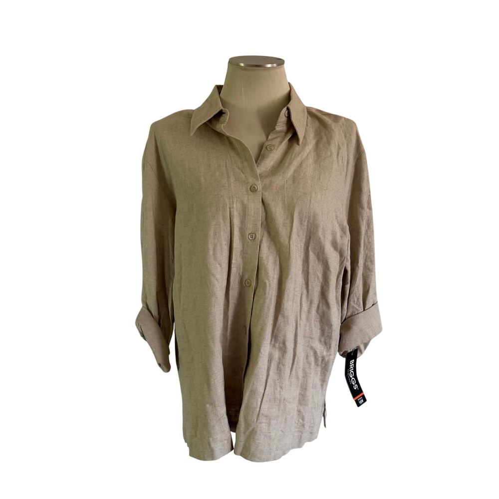 NWT Tan Beige Linen Plus Size Button Shirt 16W Rolled Sleeves Women